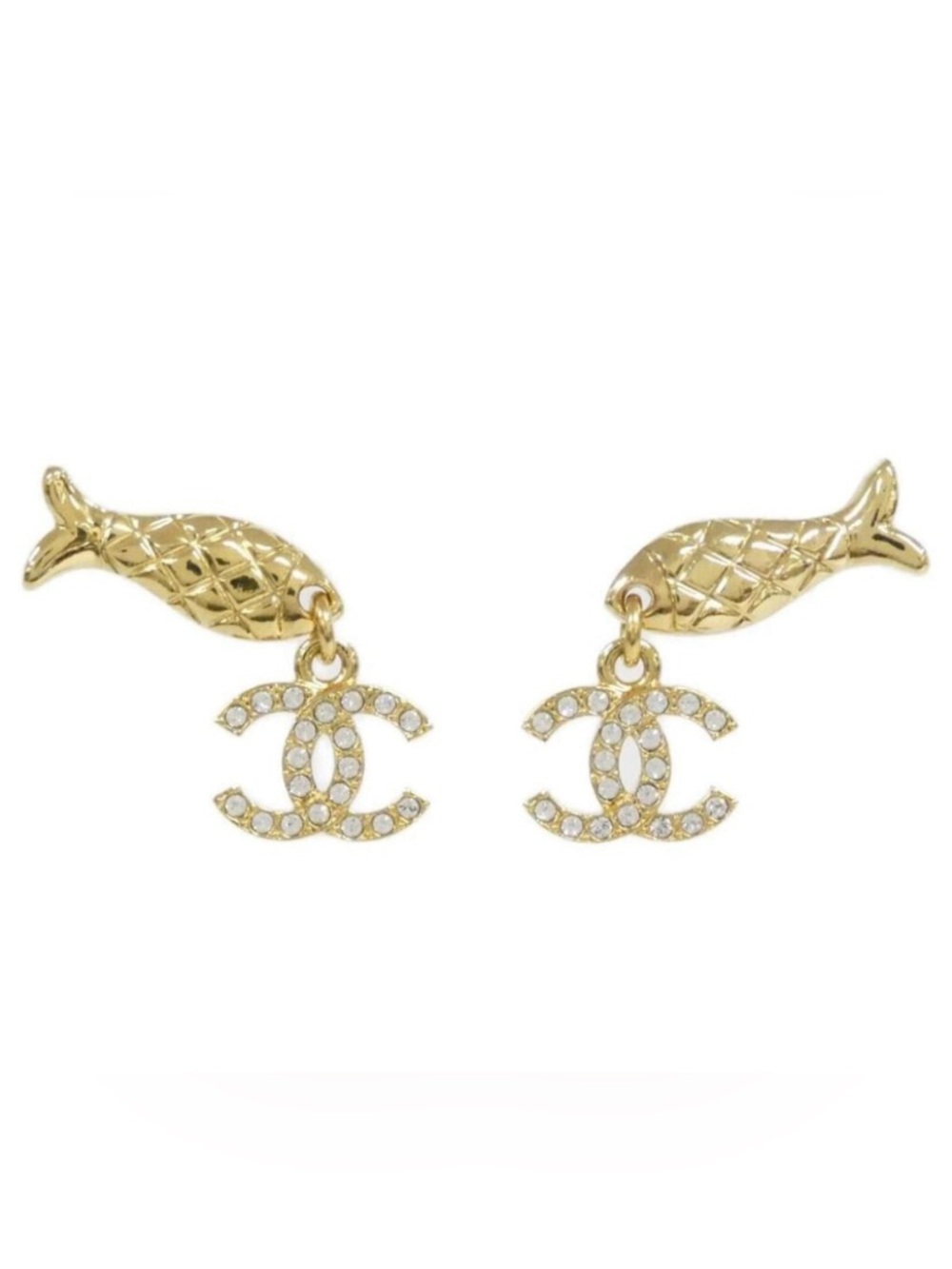 ✨ChaneI. Fish Gold-Tone Dangle Crystal Logo Earrings